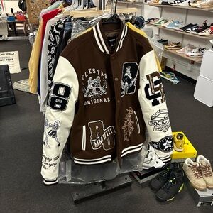Men’s Rare Rockstar Original Varsity Jacket Born 2 Fight SZ XXL Brown White Used